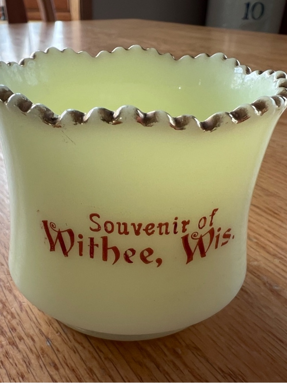 Vintage custard glass souvenir toothpick holder or sugar bowl- Withee, Wi